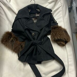 Bcbg gray wool jacket.  3/4 lengths sleeves with fox trim